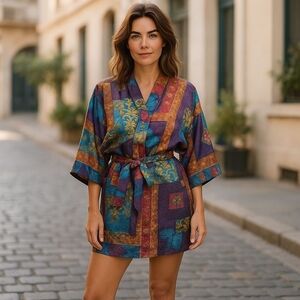 Valerie Stevens Vintage Lounge Kimono Robe Asian Inspired Belted Hong Kong - M